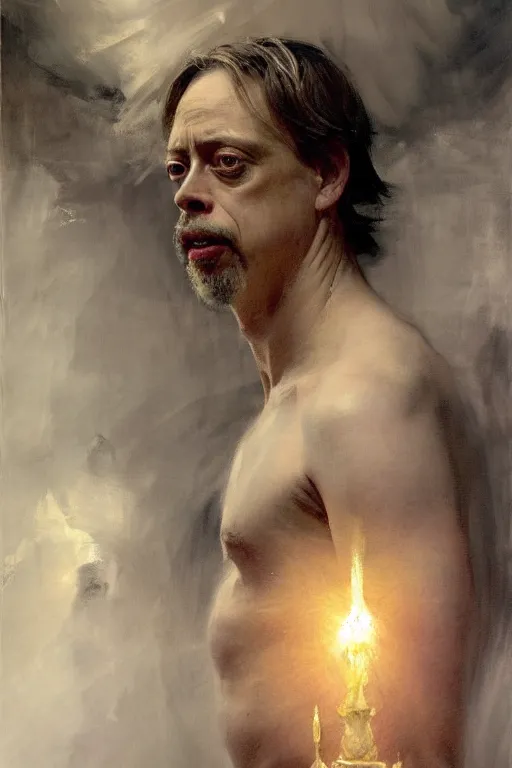 Image similar to beautiful detailed expressive impressionistic oil painting portrait of ancient roman god emperor steve buscemi levitating in angelic pose wearing the civic crown, art by anders zorn, wonderful masterpiece by greg rutkowski, expressive brush strokes, beautiful cinematic light, american romanticism by greg manchess, jessica rossier