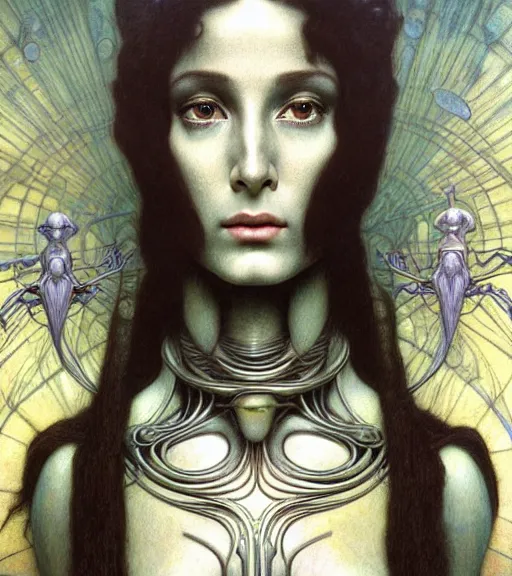 Prompt: detailed realistic beautiful young cher as alien robot as queen of mars face portrait by jean delville, gustave dore and marco mazzoni, art nouveau, symbolist, visionary, gothic, pre - raphaelite. horizontal symmetry by zdzisław beksinski, iris van herpen, raymond swanland and alphonse mucha. highly detailed, hyper - real, beautiful