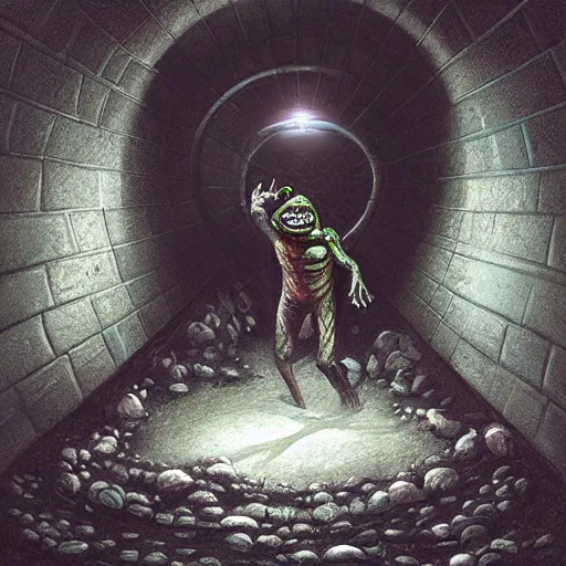 Prompt: a hyper realistic painting of a half lizard half man standing in a sewer, glowing eyes, creepy, horror vibe, real, in the style of dan mumford