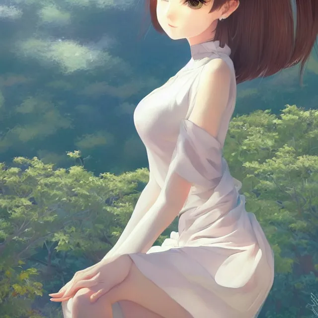 Image similar to infinitely detailed full - body portrait pale female peaceful dream angel wearing elegant clothes. beautiful! scenery art! by wlop & murata range, by ilya kuvshinov. artstation!! / pixiv!!