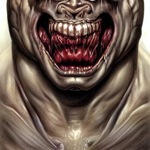 Image similar to Dark fantasy Painting of a hulking muscular demonic with drool dripping from its mouth, hr giger muscles, disgusting, creepy, unsettling, horror, upper body, intricate, wild, highly detailed, digital painting, artstation, concept art, smooth, sharp focus, illustration, art by artgerm and greg rutkowski and alphonse mucha