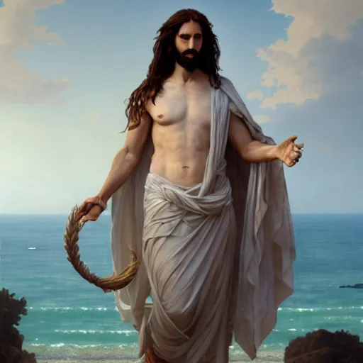 Prompt: a ridiculously good looking jesus that looks like a gigachad, long curly hair, elegant ancient greek dress, very detailed, coast as the background, beautiful, intricate, cinematic, artstation, william bouguereau, alphonse mucha, greg rutkowski, rossdraws, octane render