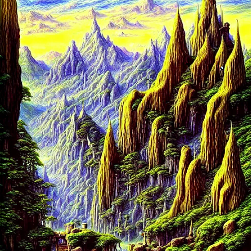 Image similar to A beautiful and highly detailed oil painting of an elven temple in the mountains, detailed trees and cliffs, intricate details, rivendell, 8k, sharp focus, hyper realism, by Caspar Friedrich,