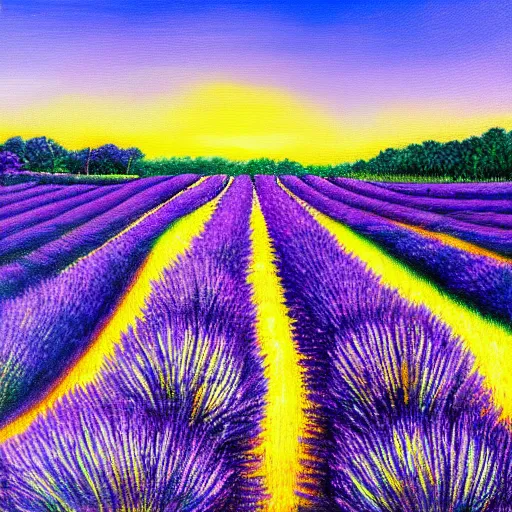 Prompt: painting of lavender field, highly detailed, golden hour