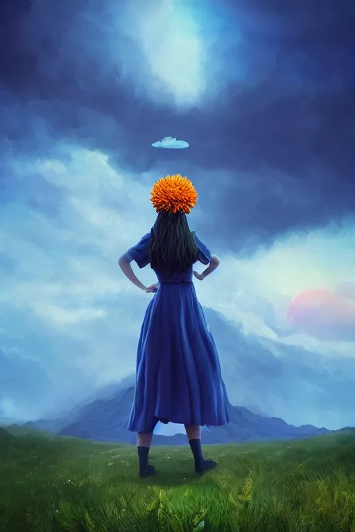 Image similar to closeup giant dahlia flower under head, girl standing on mountain, surreal photography, blue storm clouds, dramatic light, impressionist painting, digital painting, artstation, simon stalenhag