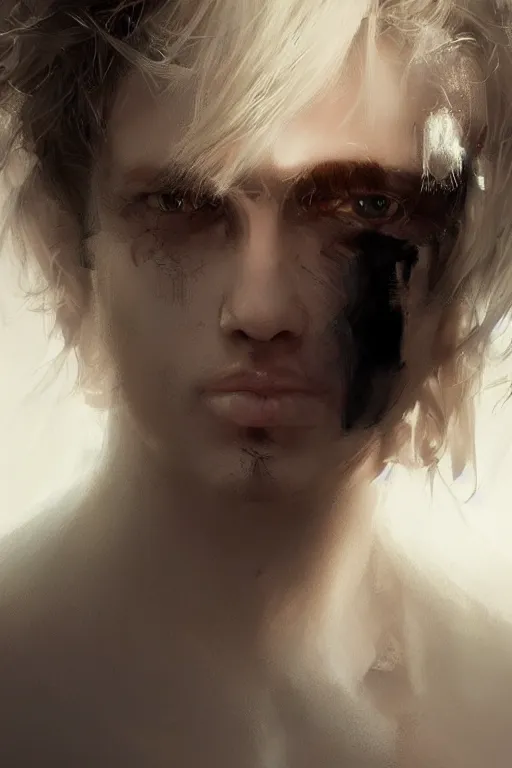 Image similar to blonde wild hair man, black eye - patch, close - up portrait, plain white tshirt, powerfull, intricate, elegant, volumetric lighting, scenery, digital painting, highly detailed, artstation, sharp focus, illustration, concept art, ruan jia, steve mccurry