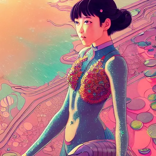 Image similar to a beautiful hyperdetailed character design 4 k wallpaper illustration of a cute dolphin with a beautiful girl, victo ngai cyberpunk style, from china, style of studio ghibli, makoto shinkai, raphael lacoste, louis comfort tiffany, artgerm, james jean, ross tran, chinese style