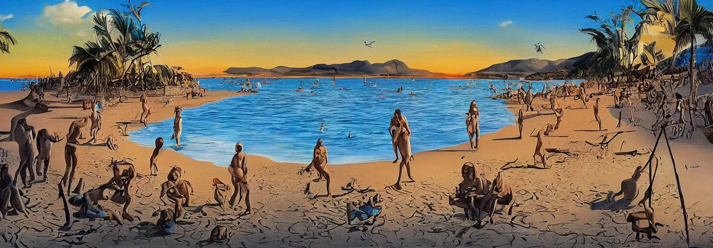 Image similar to People in beach by Salvador Dali and Bob Ross collaboration, mural, sun set, digital art, high details