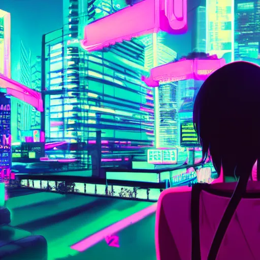 Image similar to anime girl in a synthwave city, center focus, neon tokyo, 4 k
