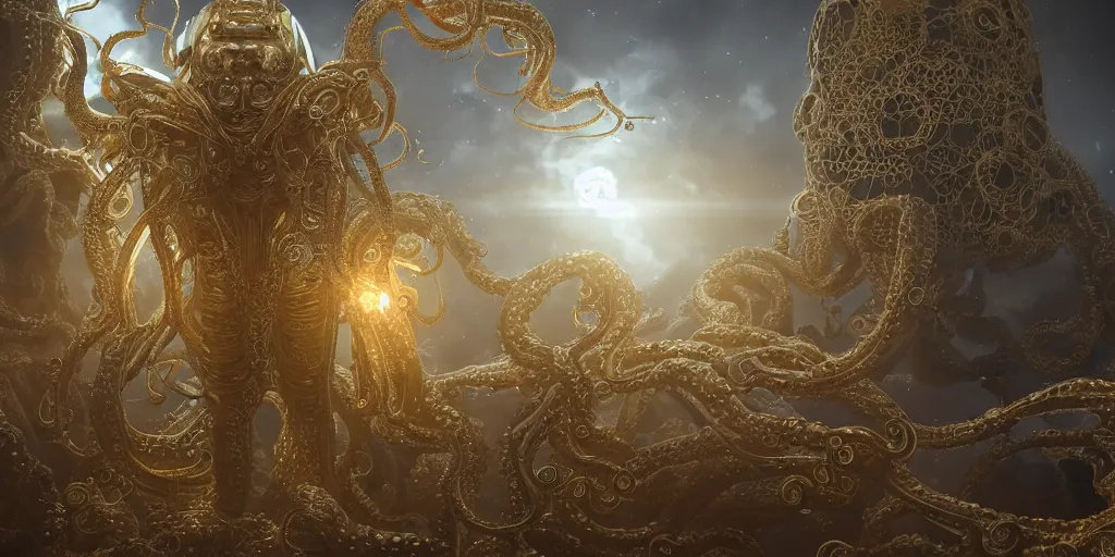 Prompt: a photo of 8k ultra realistic corrupted lovecraftian golden humanoid queen standing next to a spaceship, 8 intricate white and gold tentacles, ornate white and gold armour, cinematic lighting, trending on artstation, 4k, hyperrealistic, focused, high details, unreal engine 5, cinematic, masterpiece
