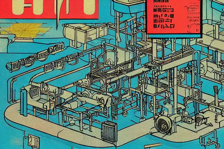 Prompt: 1 9 7 9 edition of automated tokyo fish processing plant. art in the style of vincent di fate's cyberpunk 2 0 2 0.