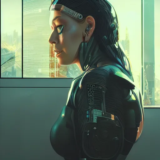 Image similar to portrait of cyberpunk woman looking out of a window, cyberpunk setting, futuristic, highly detailed, intricate lighting, digital painting, sharp focus, illustration, trending on artstation, art by wlop.