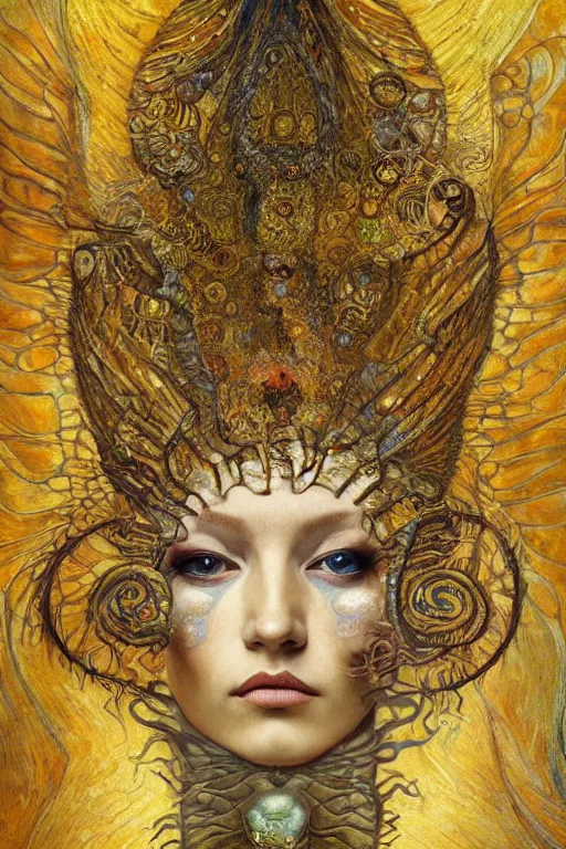 Image similar to Metamorphosis by Karol Bak, Jean Deville, Gustav Klimt, and Vincent Van Gogh, transformation portrait, chimera, visionary, cicada wings, otherworldly, fractal structures, ornate gilded medieval icon, third eye, hybrid, spirals, horizontal symmetry