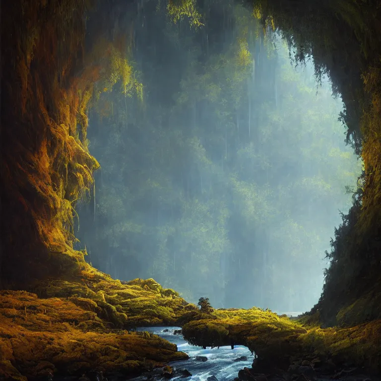 Image similar to A beautiful, highly detailed, very realistic oil painting of a single tree with rainbow leaves, next to a small river, glowing bright blue in the middle of a huge, very dark cave, with lots of dark grey rocks, oil painting by Greg Rutkowski, golden color scheme.