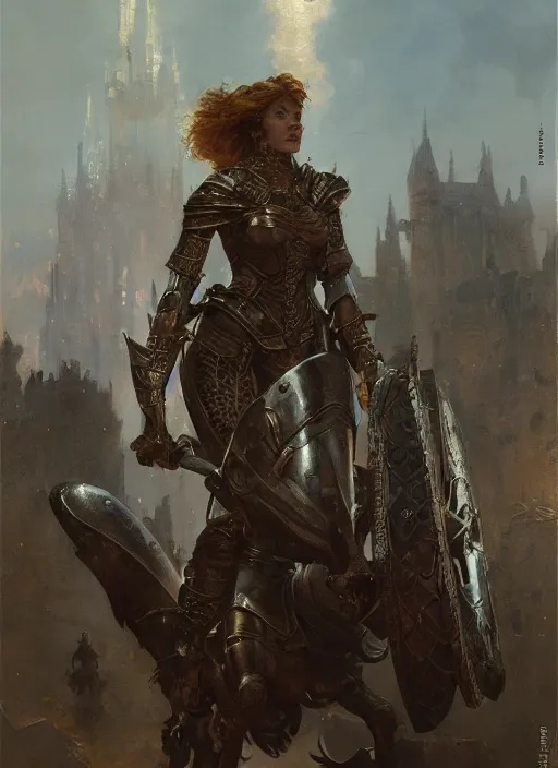 Image similar to staring seductively short muscular redheaded woman wearing realistic medieval armour, detailed by gaston bussiere, bayard wu, greg rutkowski, giger, maxim verehin, greg rutkowski, masterpiece, sharp focus, cinematic lightning