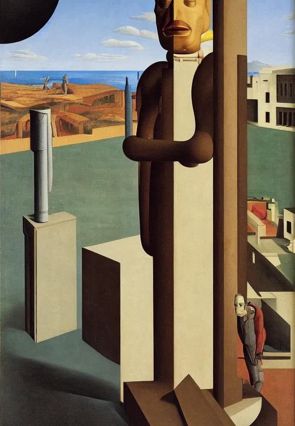 Prompt: [a portrait of a crash test dummy in a scenic environment by Giorgio de Chirico, Rene Magritte, George Tooker, Titian]