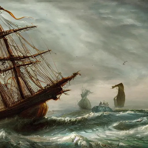 Prompt: a painting of the kraken pulling a ship into the sea