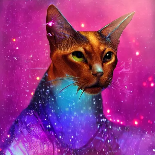 Prompt: cyberpunk excited Abyssinian cat underwater, sparkly, colorful, cyberpunk digital painting