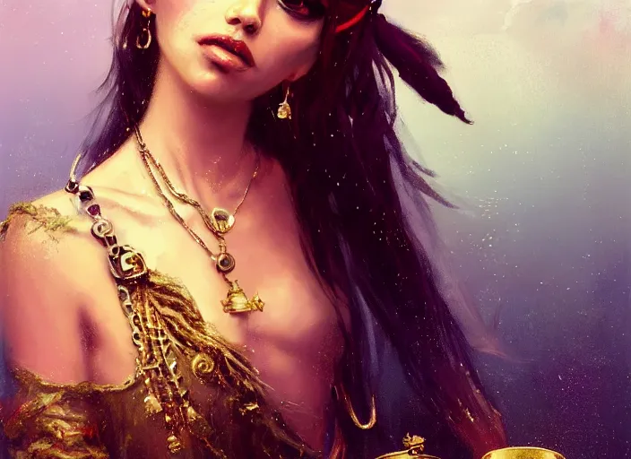 Image similar to full body picture of a pirate girl, hard breathing, messy hair, very excited, sparkling eyes, front of the treasure box, jewels and gold on the background, coveted, beautiful and aesthetic and attractive and detailed face, specular reflection, occlusion shadow, intricate, bokeh, masterpiece, by ilya kuvshinov and jeremy lipking and quentin mabille