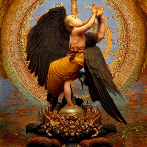 Image similar to highly detailed potrait of cunning buddhist monk kid worshipping giant crow as god praying in baroque style, painting by gaston bussiere, craig mullins, j. c. leyendecker, lights, art by ernst haeckel, john william godward, hammershøi,