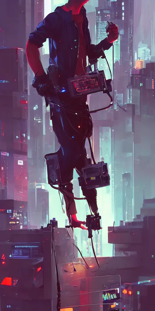 Image similar to cyberpunk hacker with server, lots of wires, art gta 5 cover, official fanart behance hd artstation by jesper ejsing, by rhads, makoto shinkai and lois van baarle, ilya kuvshinov, ossdraws