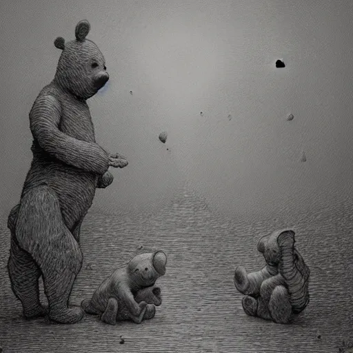 Prompt: Winnie-the-Pooh as a dark souls boss by zdzisław beksiński