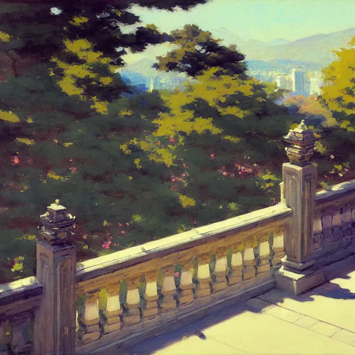 Prompt: painting of a stone railing urban japanese city in the background, calm, sunny day, artwork by jeremy lipkin and giuseppe dangelico pino and michael garmash and rob rey and greg manchess and huang guangjian and makoto shinkai, sharp edges, simple form, 1 0 0 mm