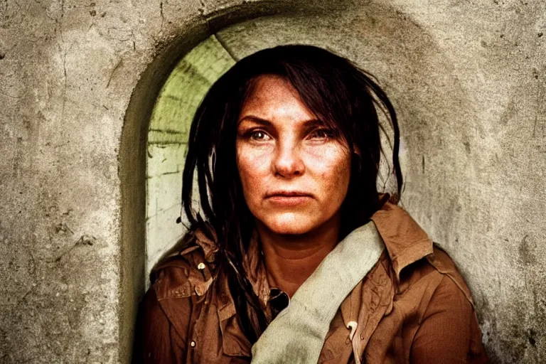 Image similar to a closeup cinematic!! headshot photograph!! of a beautiful female homeless war veteran, stood in a tunnel, rain, dirt, film still, cinematic lighting, by bill henson