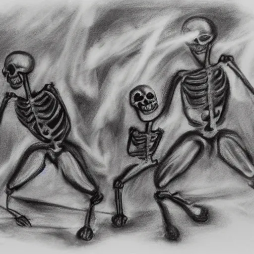 Image similar to skeletons dancing around a fire, black and white, charcoal sketch