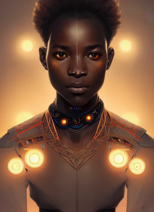 Image similar to symmetry!! portrait of african tribal warrior, tech wear, glowing lights!! intricate, elegant, highly detailed, digital painting, artstation, concept art, smooth, sharp focus, illustration, art by artgerm and greg rutkowski and alphonse mucha