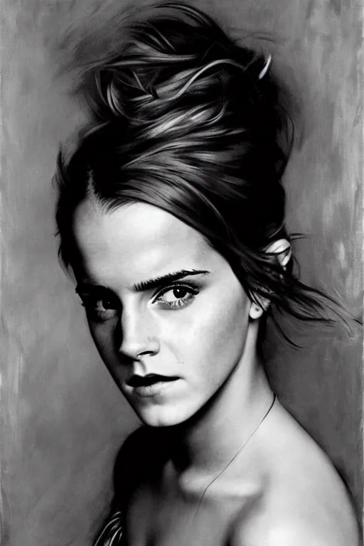 Image similar to emma watson frowning detailed portrait painting by gaston bussiere craig mullins j. c. leyendecker photograph by richard avedon peter lindbergh annie leibovitz