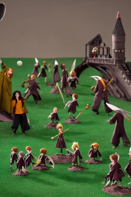 Image similar to harry potter playing quidditch, claymation, stop motion, shallow depth of field, miniatures