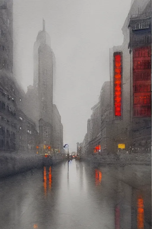 Prompt: A poetic watercolor of an empty Shanghai Bund, rainy street, cloudy overcast sky, poignant, high contrast of light and dark, smooth, by Joseph Zbikowicz, 8k