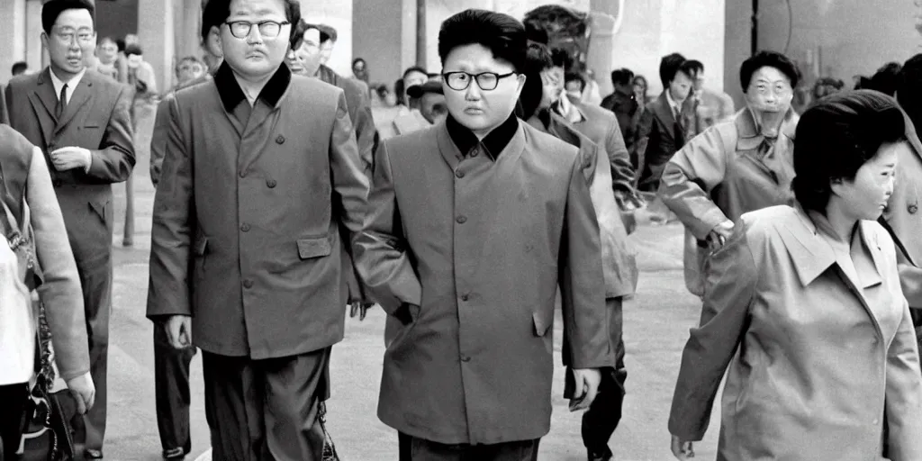 Prompt: kim jong - il walking in 1 9 6 0 s pyongyang, epic thriller in the style of ghost in the shell by mamoru oshii