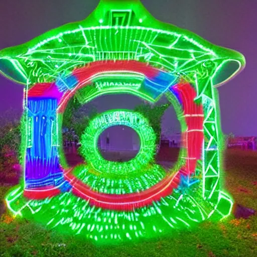 Prompt: a stargate made of neons and glowing runes in the middle of a green forest with a beam of light