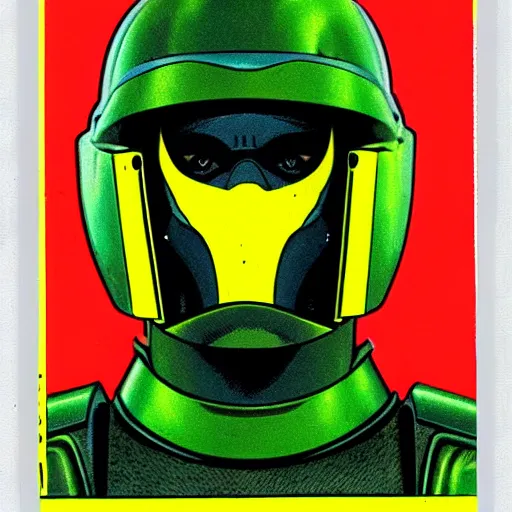 Image similar to portrait of a mutant chronicles bauhaus doomtrooper, wearing green battle armor, a yellow smiley sticker centered on helmet, by jean giraud