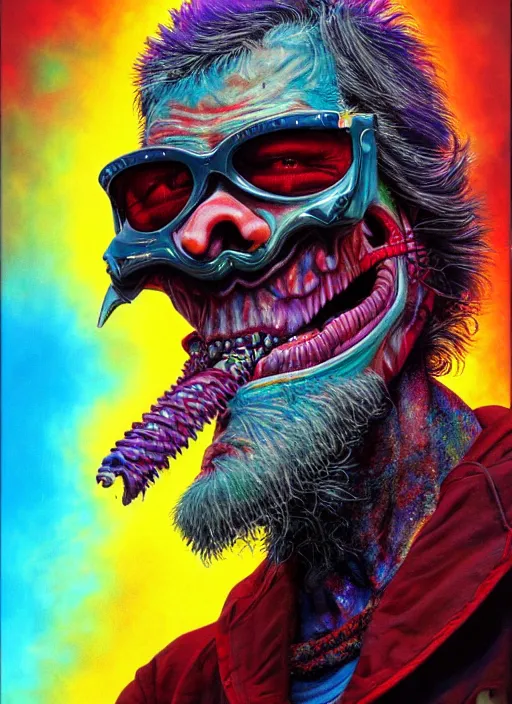 Prompt: gap toothed young david letterman as an apocalyptic scifi orcish biker character, psychedelic vibrant colors, futuristic punk rock fashion, oil painting by michael whelan art, perfect face, sharp focus, detailed eyes, realistic, 8 k