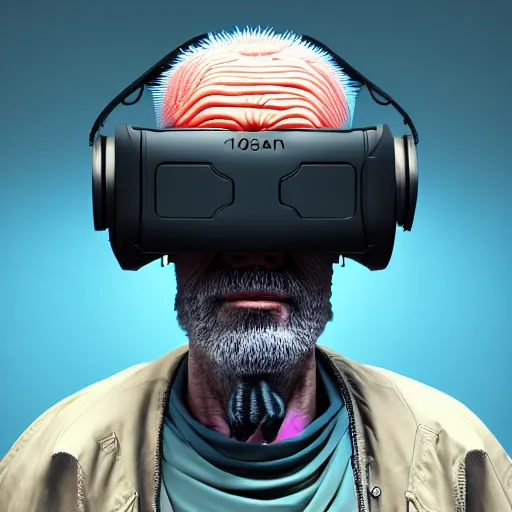 Image similar to Colour Photography of 1000 years old man with highly detailed 1000 years old face wearing higly detailed cyberpunk VR Headset designed by Josan Gonzalez . in style of Josan Gonzalez and Johannes Vermeer and Mike Winkelmann and Caspar David Friedrich. Rendered in Blender