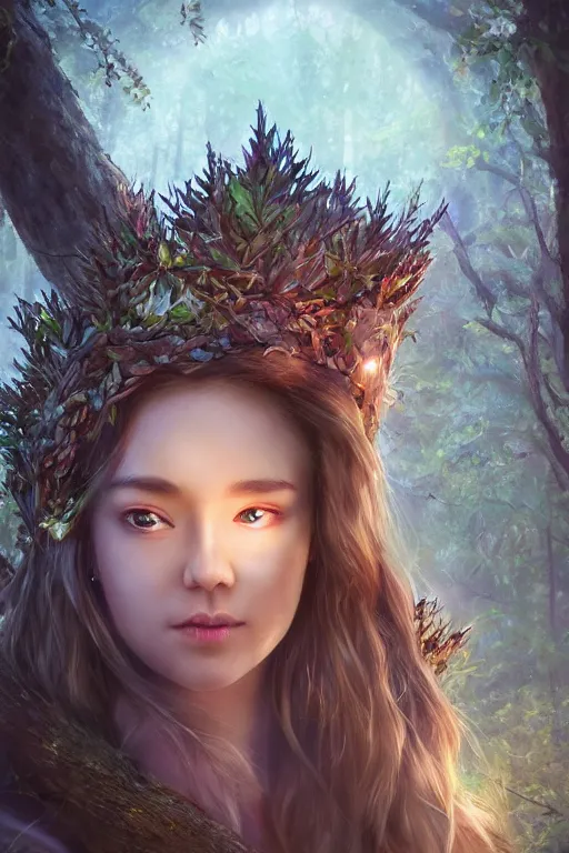 Prompt: queen of the nature, Crown of Wood, glowing lights. youthful attractive, artgerm, portrait, photo realistic by Yaşar VURDEM , ArtStation, muted colors, artstation, character concept art. sz Zak and Taro Okamoto and Gal Barkan, trending on artstation, high quality printing, fine art with subtle redshift rendering