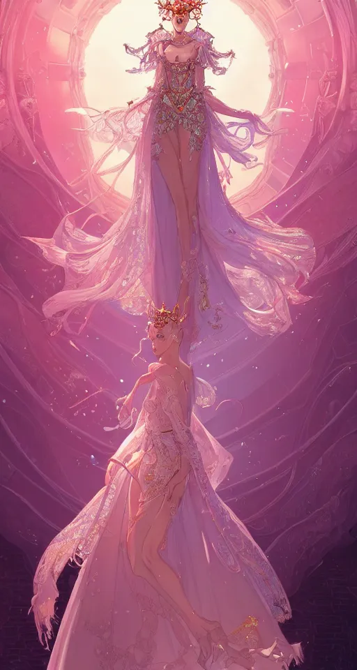 Prompt: A beautiful fantasy empress, highly detailed full body, breathtaking crystal tiara, gorgeous aristocrat robe, beautiful figure, epic composition, ultra wide-shot, dynamic pose, concept art, beautifully lit, digital painting, character design, sharp focus, elegant, smooth, intricate, artstation, by WLOP and James Jean and Victo Ngai and Ryohei