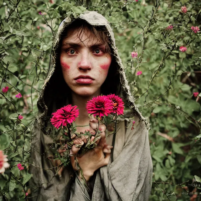 Prompt: a woman wearing a hooded cloak made of zinnias and barbed wire, in a derelict house, by Petra Collins, natural light, detailed face, CANON Eos C300, ƒ1.8, 35mm, 8K, medium-format print