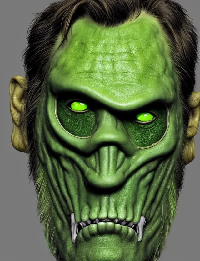 Prompt: a portrait of jim carrey as mask with green skin and mechanical gills, by moebius and tyler edlin and hr giger, trending on artstation, digital art, 4 k resolution, detailed, high quality, sharp focus, hq artwork, coherent, insane detail, concept art