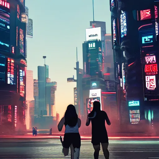 Prompt: people running away scared from cryptocurrency city, cyberpunk art ultrarealistic 8k