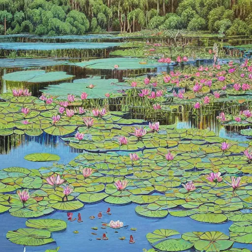 Prompt: a beautiful painting of a waterlily pond by Geof Darrow, Trending on artstation