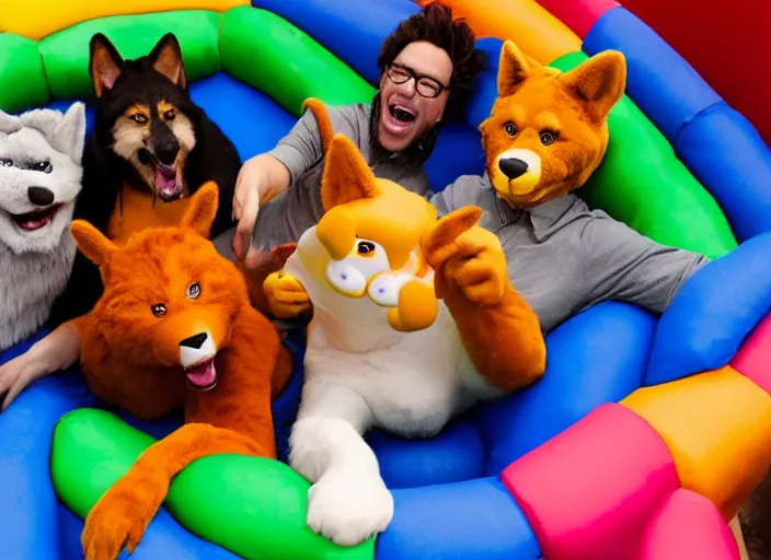 Prompt: Five furries in a ball pit having fun