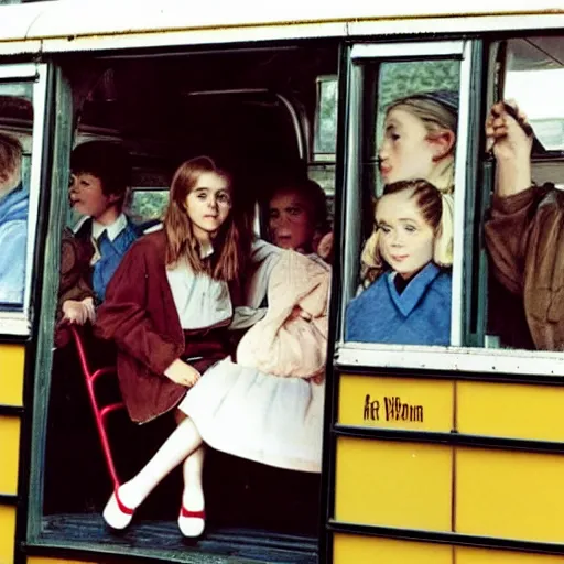 Prompt: Emma Watson driving a school bus full of Emma Watsons, Norman Rockwell