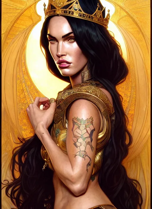 Image similar to portrait of megan fox as a queen, throne, jewelry, greek, violette, intricate, headshot, highly detailed, digital painting, artstation, concept art, sharp focus, cinematic lighting, illustration, art by artgerm and greg rutkowski, alphonse mucha, cgsociety