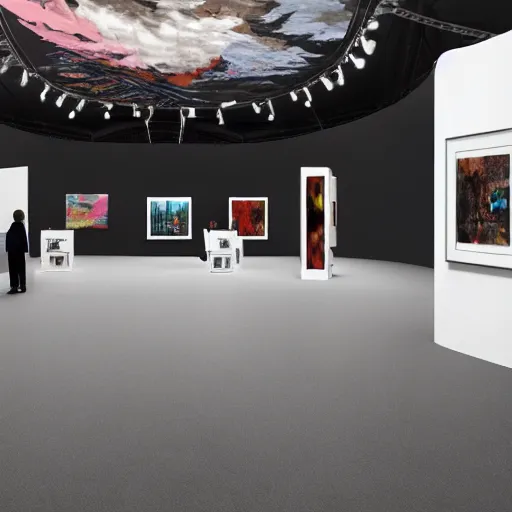 Prompt: an exhibition booth showing modern art, 4 k, photography, highly detailed, cinematic lighting, journalism