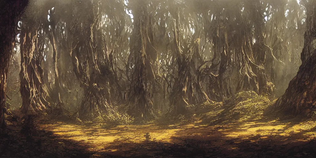 Prompt: Artwork by John Howe of the cinematic view of The Wood of Mirage, a Forest, within which can be found a mucid manor.