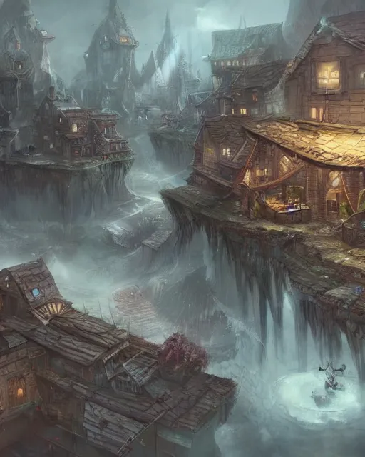 Image similar to a tiny miniscule town living on the thread of a spiders web, fantasy concept art, trending on art station, stunning visuals, creative, cinematic, ultra detailed